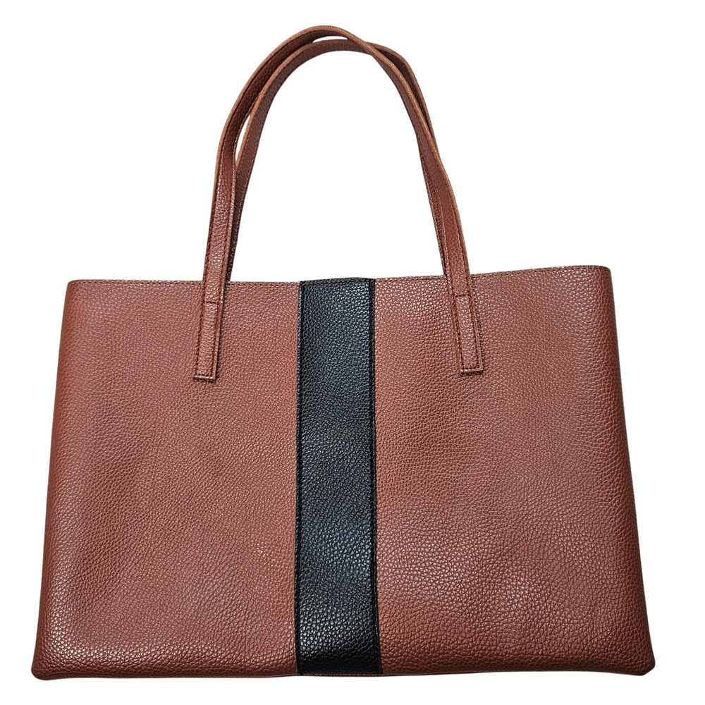 Vince Camuto Brown‎ Pebbled Leather Tote Bag Black Stripe Shopper Mens Womens - Picture 2 of 14